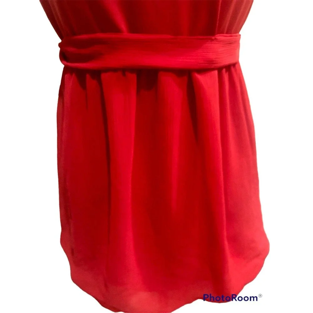 Anne Klein Womens Belted Sleeveless Blouse Top Red V Front & Back NWT Gorgeous S